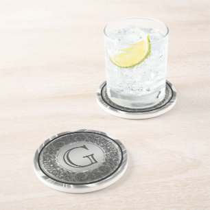 Black And Silver Circle Floral Design Monogramed Coaster