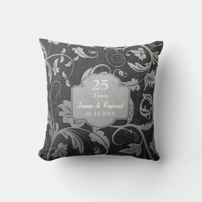 Black and Silver Damask 25th Wedding Anniversary Cushion (Front)