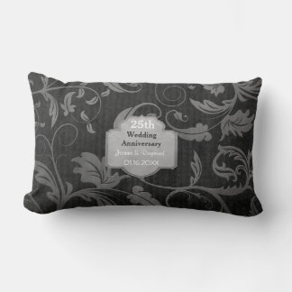Black and Silver Damask 25th Wedding Anniversary Lumbar Cushion