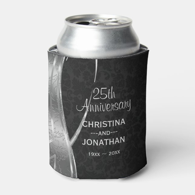 Black And Silver Damask- Anniversary Can Cooler (Can Front)