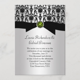 Black and Silver Damask Green Jewel Wedding Invite