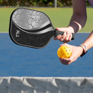 Black and silver damask pickle-ball paddle
