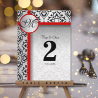 Black and Silver Damask Red Trim Table Number