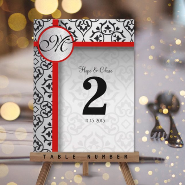 Black and Silver Damask Red Trim Table Number Postcard (Creator Uploaded)