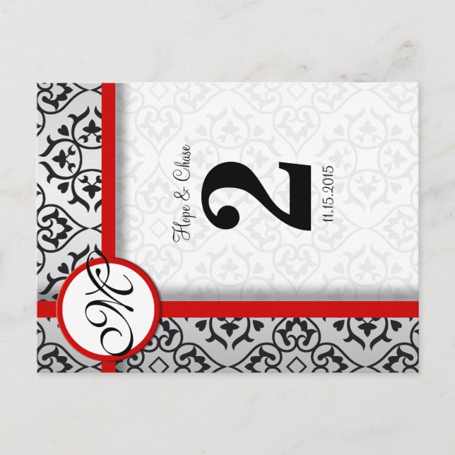 Black and Silver Damask Red Trim Table Number Postcard (Front)