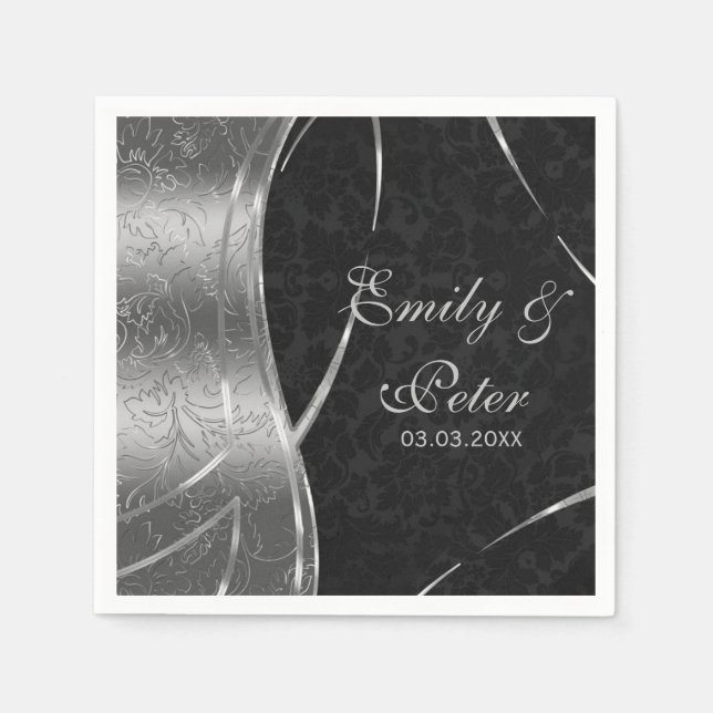 Black And Silver Damask-Save The Date Napkin (Front)