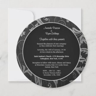 Black and Silver Damask Wedding Invitation Round