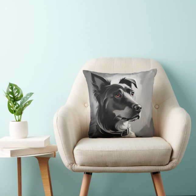 Black and Silver Dog Portrait Painting Cushion (Chair)