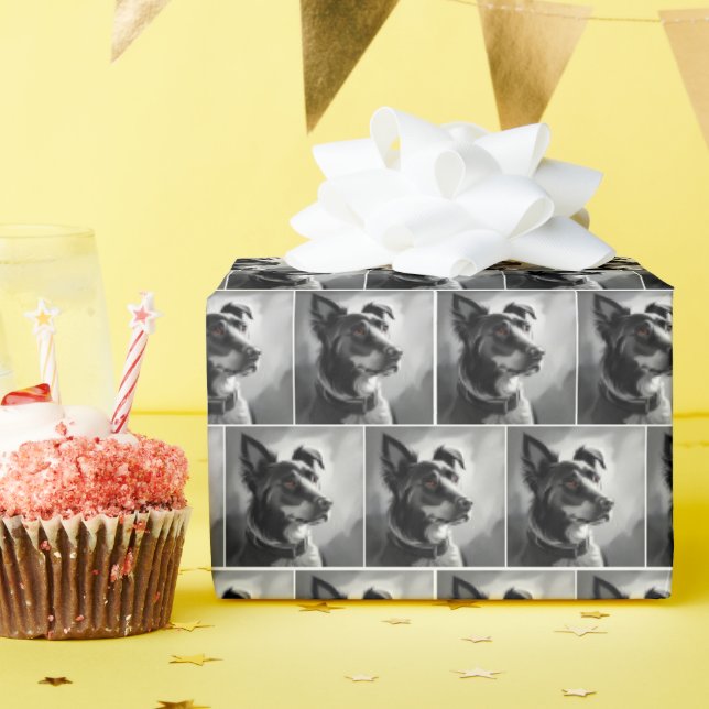 Black and Silver Dog Sketch Painting Wrapping Paper (Birthday Party)