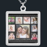 Black And Silver Family Quote 9 Photo Collage  Silver Plated Necklace<br><div class="desc">Unique photo collage necklace to personalise with 9 pictures . Family is everything quote typography makes the picture frame necklace a keepsake for family members.</div>