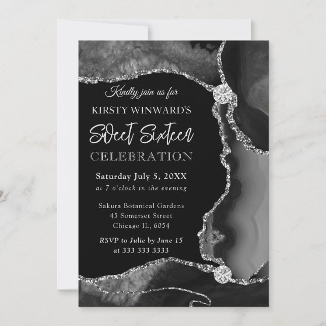 Black and Silver Faux Glitter Agate Sweet 16 Invitation (Front)