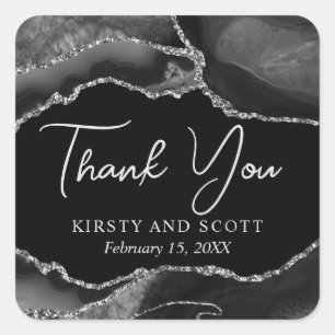 Black and Silver Faux Glitter Agate Wedding Square Sticker