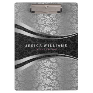 Black And Silver Floral Damasks Clipboard