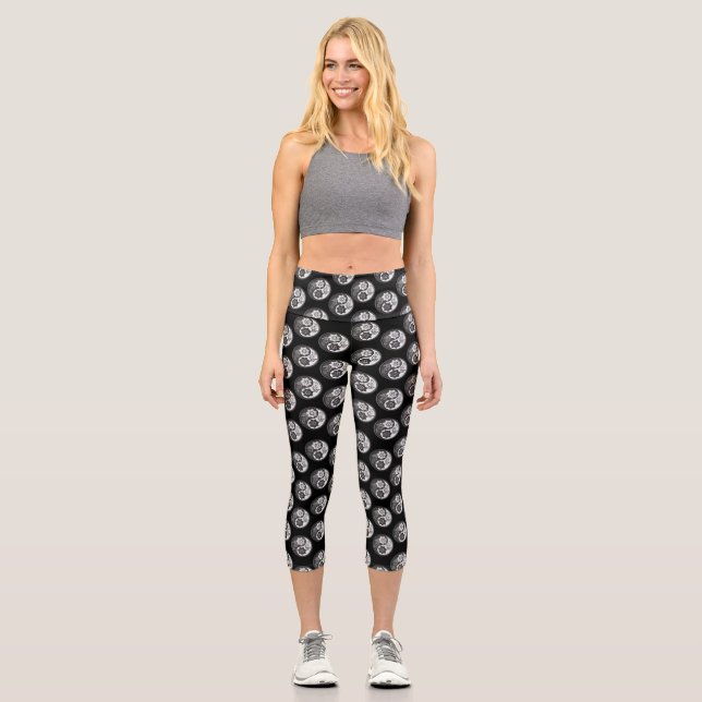 Black and Silver Floral Scattered Black Background Capri Leggings (Front)