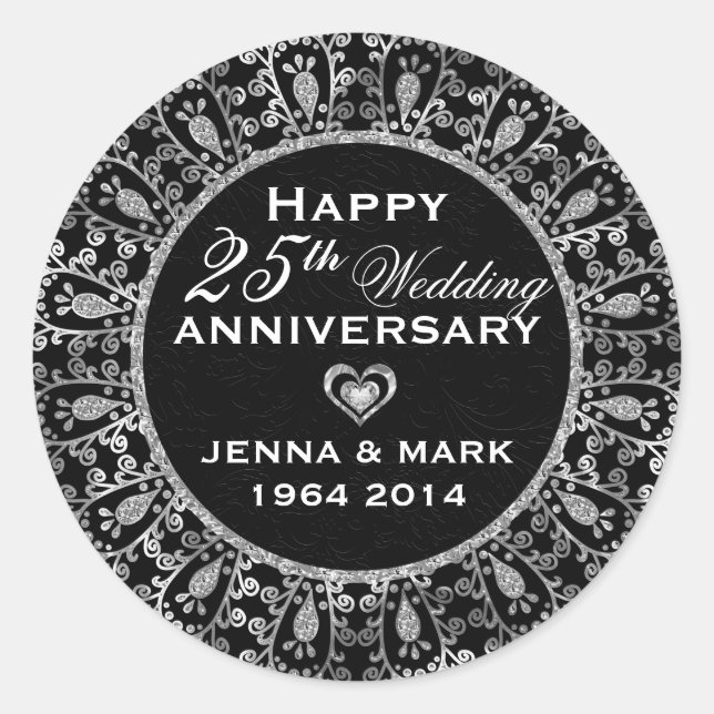 Black And Silver Floral Wreath 25th Anniversary Classic Round Sticker (Front)