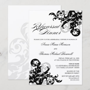 Black and Silver Flourish Rehearsal Dinner Invitation