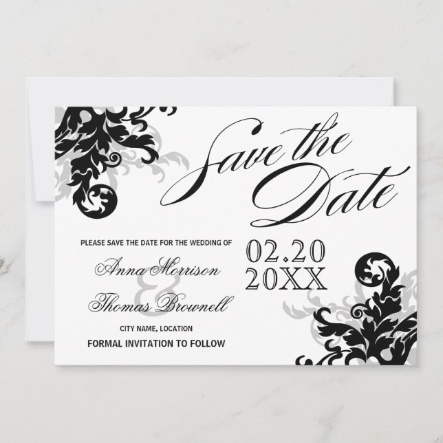 Black and Silver Flourish Save The Date (Front)