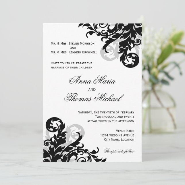 Black and Silver Flourish Wedding Invitation (Standing Front)