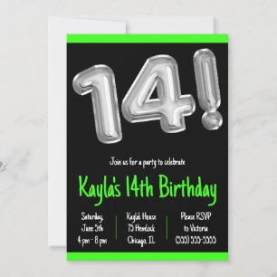 Black and Silver Foil Balloons 14th Birthday Party Invitation