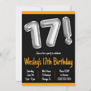 Black and Silver Foil Balloons 17th Birthday Party Invitation