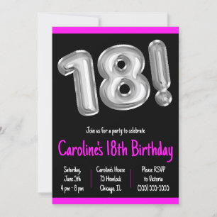 Black and Silver Foil Balloons 18th Birthday Party Invitation