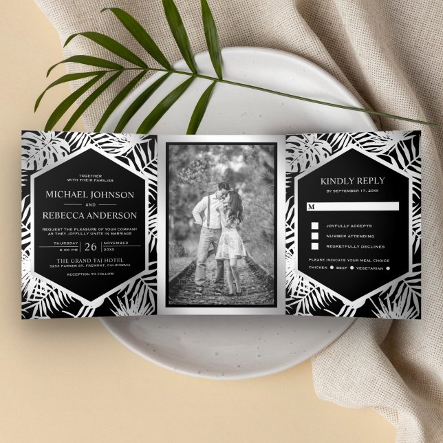 Black and Silver Foil Tropical Palm Wedding Tri-Fold Invitation (Creator Uploaded)