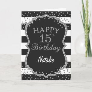 Black and Silver Glitter 15th Birthday Card