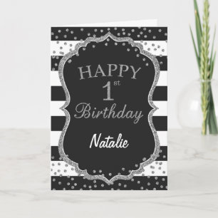 Black and Silver Glitter 1st Birthday Card