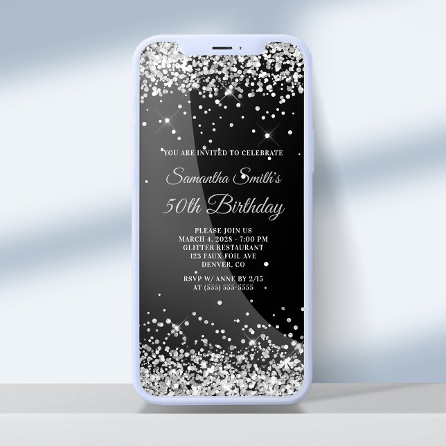 Black and Silver Glitter 50th Birthday Invitation (Creator Uploaded)