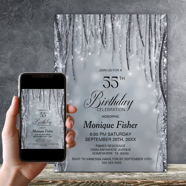 Black and Silver Glitter 55th Birthday Party Invitation (Creator Uploaded)