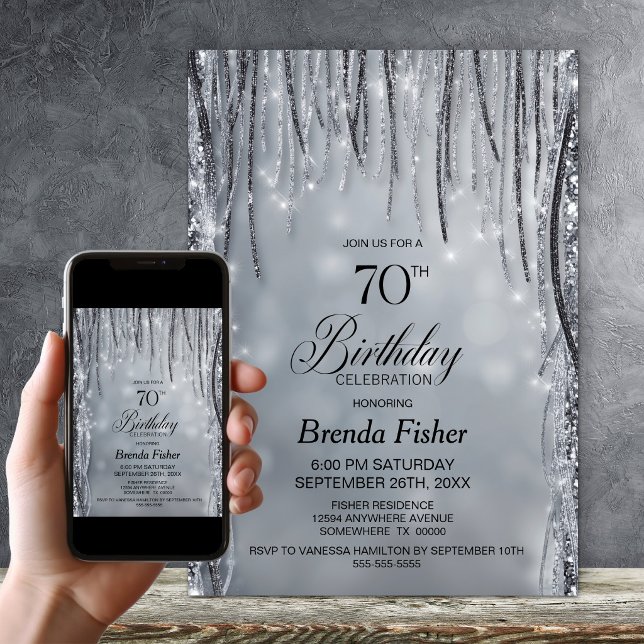 Black and Silver Glitter 70th Birthday Party Invitation (Creator Uploaded)