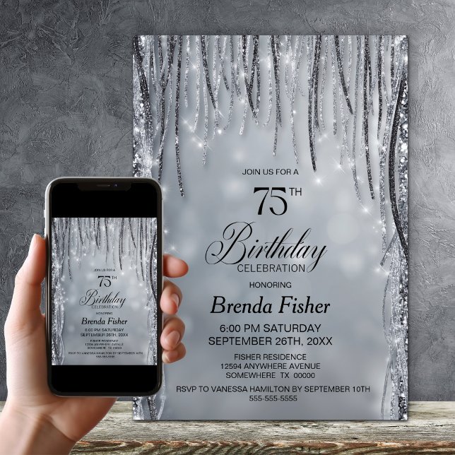 Black and Silver Glitter 75th Birthday Party Invitation (Creator Uploaded)