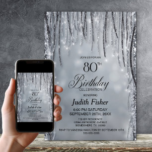 Black and Silver Glitter 80th Birthday Party Invitation