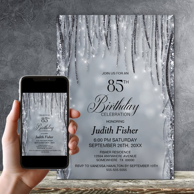 Black and Silver Glitter 85th Birthday Party Invitation (Creator Uploaded)