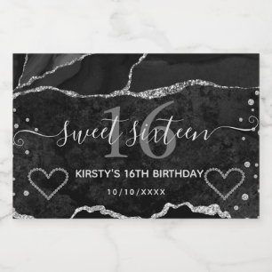 Black and Silver Glitter Agate Marble Sweet 16 Sparkling Wine Label