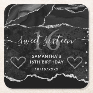 Black and Silver Glitter Agate Marble Sweet 16 Square Paper Coaster