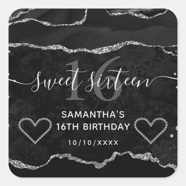 Black and Silver Glitter Agate Marble Sweet 16 Square Sticker (Front)