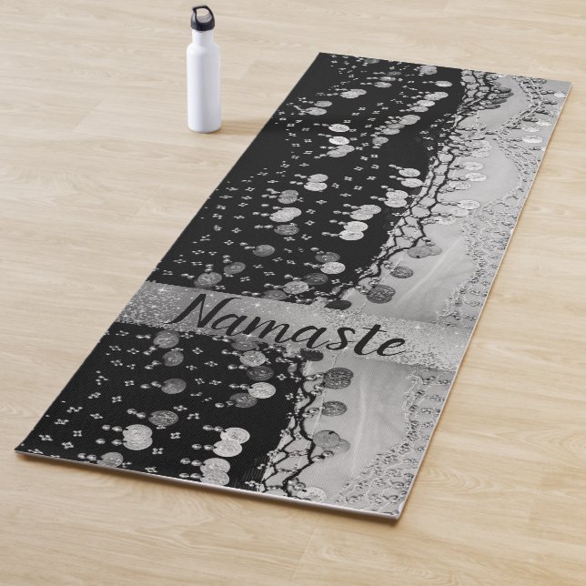  Black and Silver Glitter Coins Personalised Yoga Mat (In Situ)