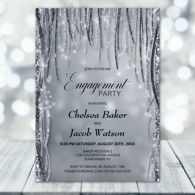 Black and Silver Glitter Engagement Party Invitation (Creator Uploaded)
