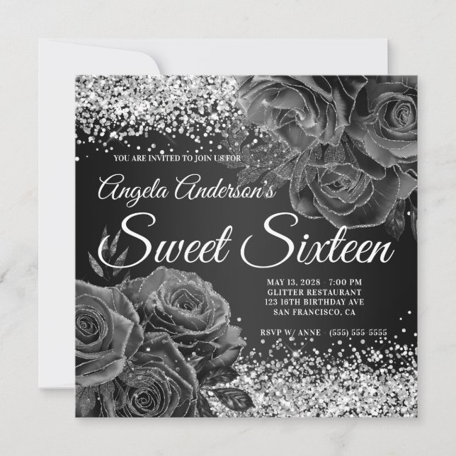 Black and Silver Glitter Floral Glam Sweet Sixteen Invitation (Front)