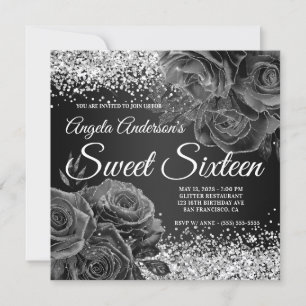 Black and Silver Glitter Floral Glam Sweet Sixteen Invitation