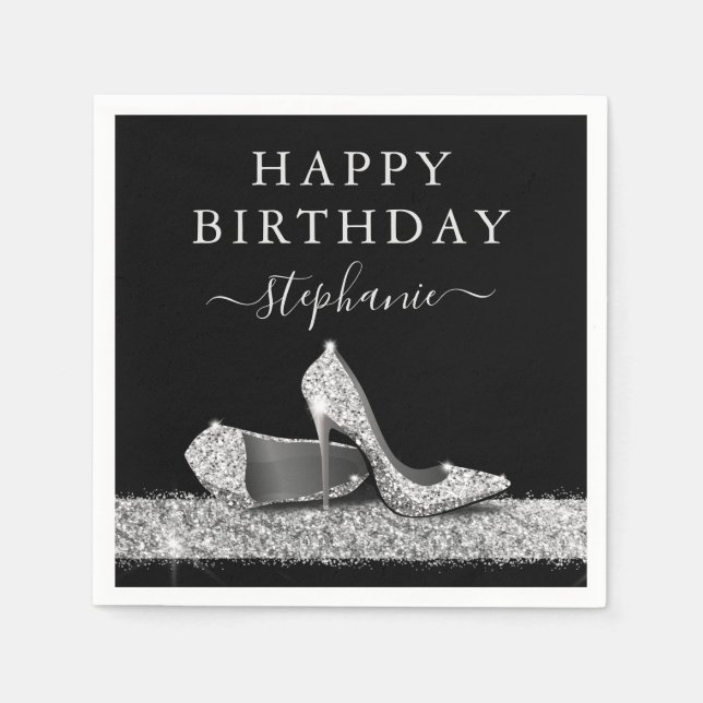 Black and Silver Glitter High Heels Birthday Napkin (Front)