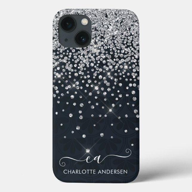 Black and Silver Glitter Jewelled Monogram Name  Case-Mate iPhone Case (Back)