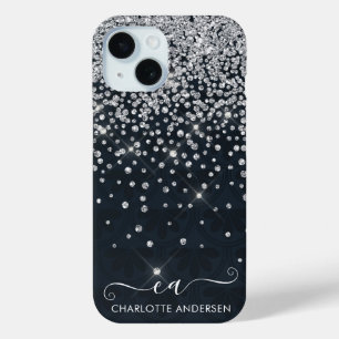 Black and Silver Glitter Jewelled Monogram Name  iPhone 15 Case
