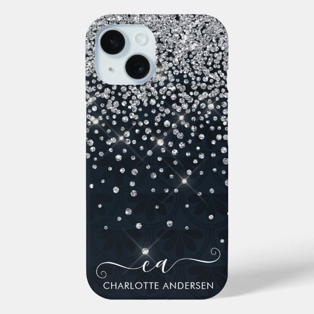 Black and Silver Glitter Jewelled Monogram Name  Case-Mate iPhone Case (Back)
