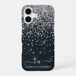 Black and Silver Glitter Jewelled Monogram Name iPhone 16 Case