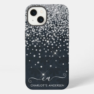 Black and Silver Glitter Jewelled Monogram Name iPhone 13 Case