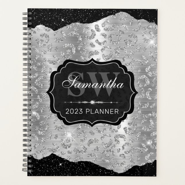Black and Silver Glitter Leopard Spots Monogram Planner (Front)