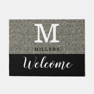Black And Silver Glitter Monogram Name Welcome Doormat