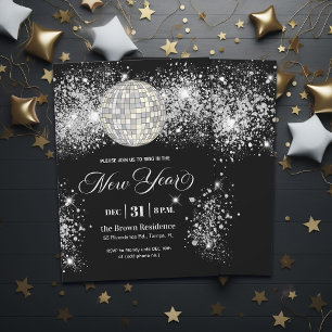 Black and Silver Glitter New Year's Eve Party  Invitation